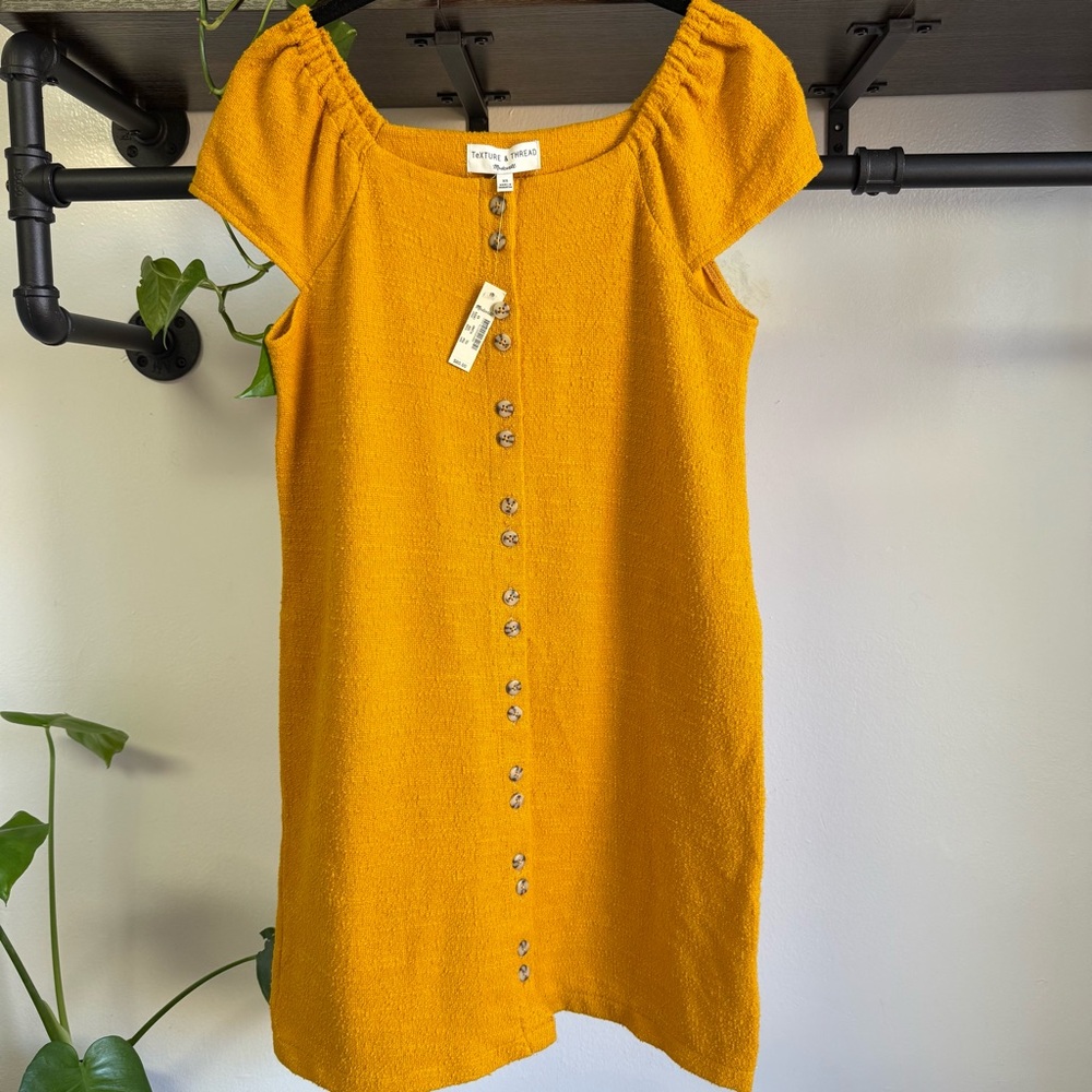 NWT Madewell Texture & Thread Mustard Yellow Button-Down CapSleeve Mini Dress XS